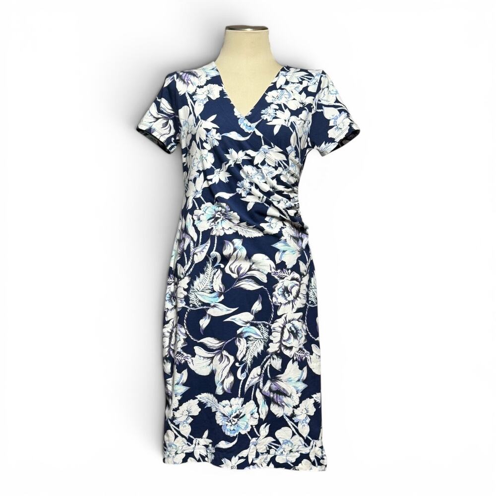 Soft Surroundings Shapely Anywhere Dress Faux Wrap Blue Purple White Missy Small